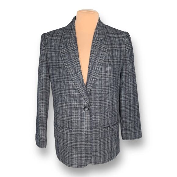 Vintage 90s Blazer Gray Black Houndstooth Plaid Oversized Wool Blend Classic 10 - Picture 1 of 10